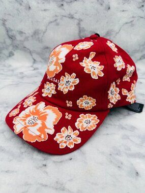 AllSaints Floral Baseball Cap Red Orange Leather Strap Adjustable,One Size,NEW